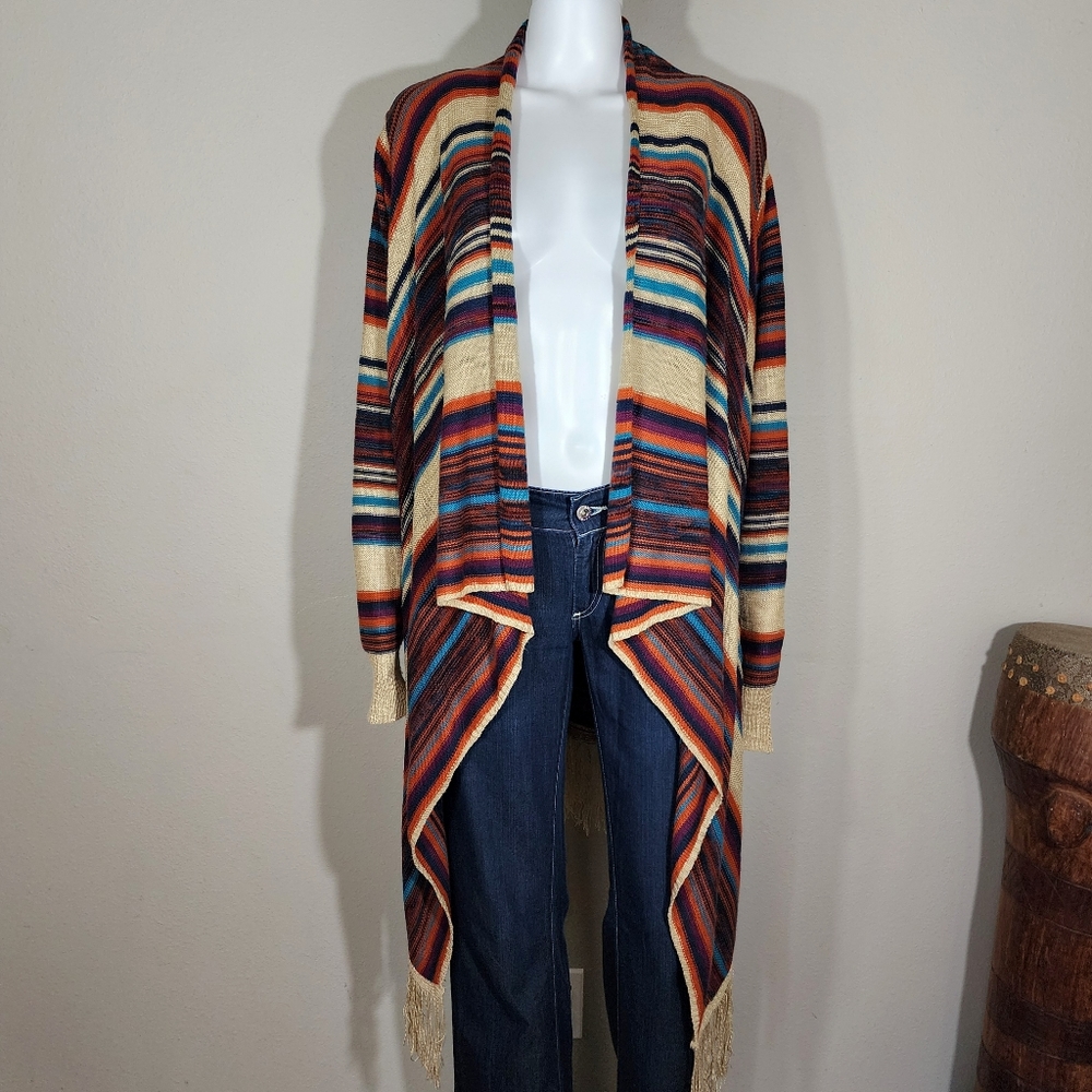 (EUC) SIGNATURE STUDIO Striped Fringed Long Waterfall Cardigan